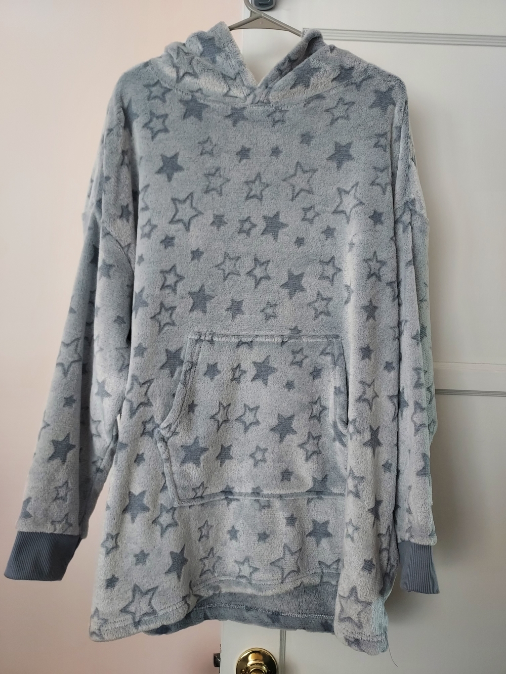 Plush Hooded Robe Gray Stars Popover Celestial Cozy Relaxed Longline Oversized